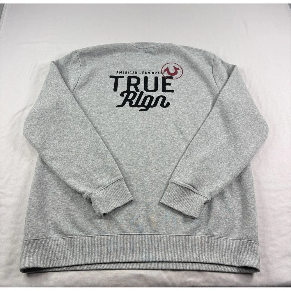 True Religion Sweatshirt Mens 3XL Gray Crew Neck Pullover Flock Logo Spell Out